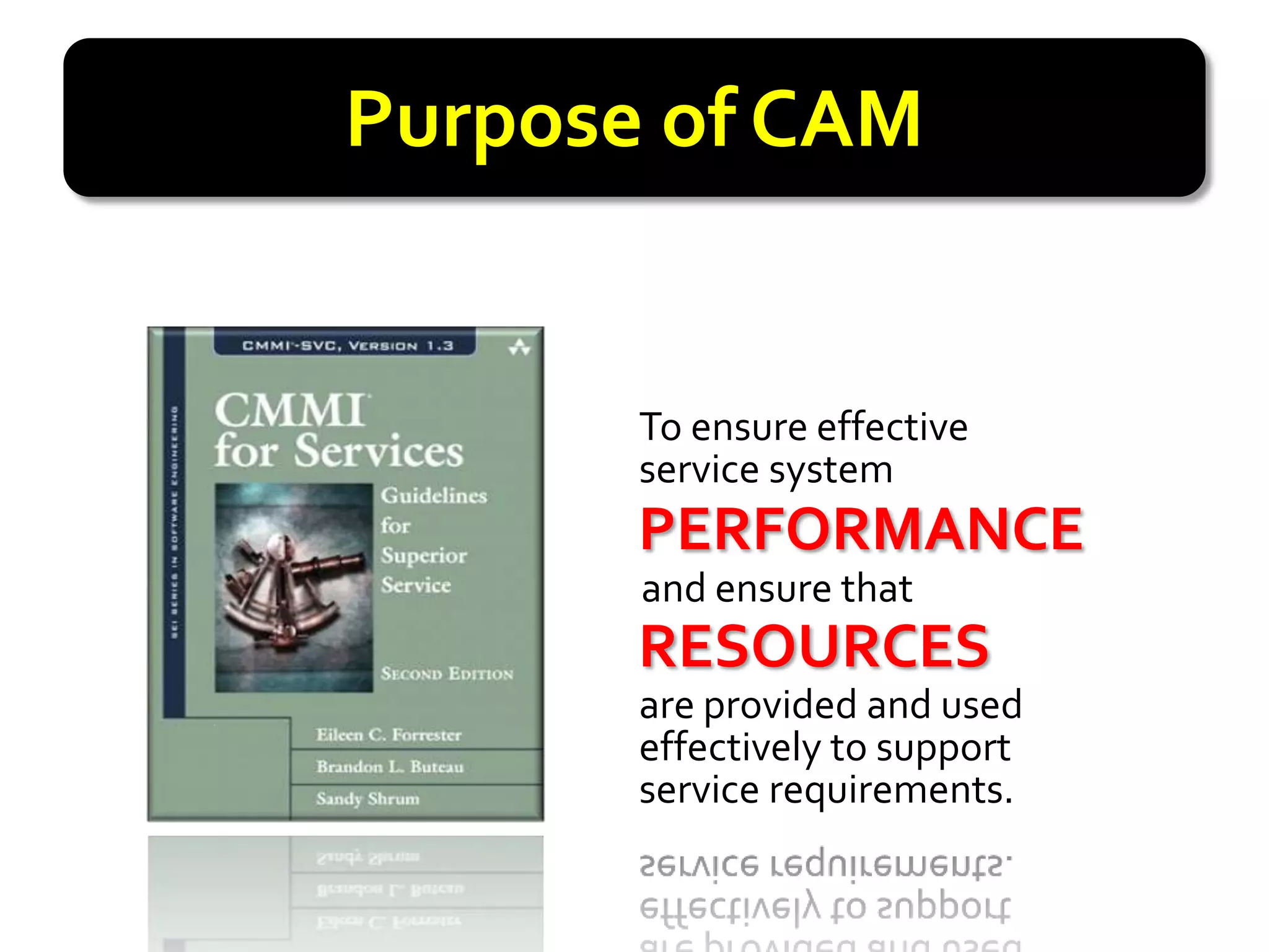 Purpose of CAM


       To ensure effective
       service system
       PERFORMANCE
       PERFORMANCE
       and ensure that
       RESOURCES
       RESOURCES
       are provided and used
       effectively to support
       service requirements.
 