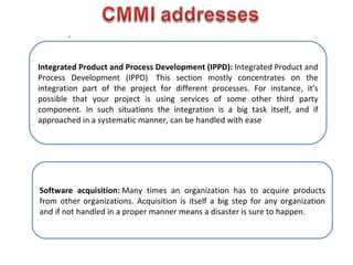 .


Integrated Product and Process Development (IPPD): Integrated Product and
Process Development (IPPD) This section mostly concentrates on the
integration part of the project for different processes. For instance, it's
possible that your project is using services of some other third party
component. In such situations the integration is a big task itself, and if
approached in a systematic manner, can be handled with ease




Software acquisition: Many times an organization has to acquire products
from other organizations. Acquisition is itself a big step for any organization
and if not handled in a proper manner means a disaster is sure to happen.
 