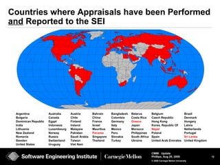 12
CMMI Update
Phillips, Aug 26, 2009
© 2008 Carnegie Mellon University
Countries where Appraisals have been Performed
and Reported to the SEI
Argentina Australia Austria Bahrain Bangladesh Belarus Belgium Brazil
Bulgaria Canada Chile China Colombia Costa Rica Czech Republic Denmark
Dominican Republic Egypt Finland France Germany Greece Hong Kong Hungary
India Indonesia Ireland Israel Italy Japan Korea, Republic Of Latvia
Lithuania Luxembourg Malaysia Mauritius Mexico Morocco Nepal Netherlands
New Zealand Norway Pakistan Panama Peru Philippines Poland Portugal
Romania Russia Saudi Arabia Singapore Slovakia South Africa Spain Sri Lanka
Sweden Switzerland Taiwan Thailand Turkey Ukraine United Arab Emirates United Kingdom
United States Uruguay Viet Nam
 