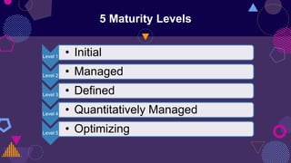 5 Maturity Levels
Level 1 • Initial
Level 2 • Managed
Level 3 • Defined
Level 4 • Quantitatively Managed
Level 5 • Optimizing
 