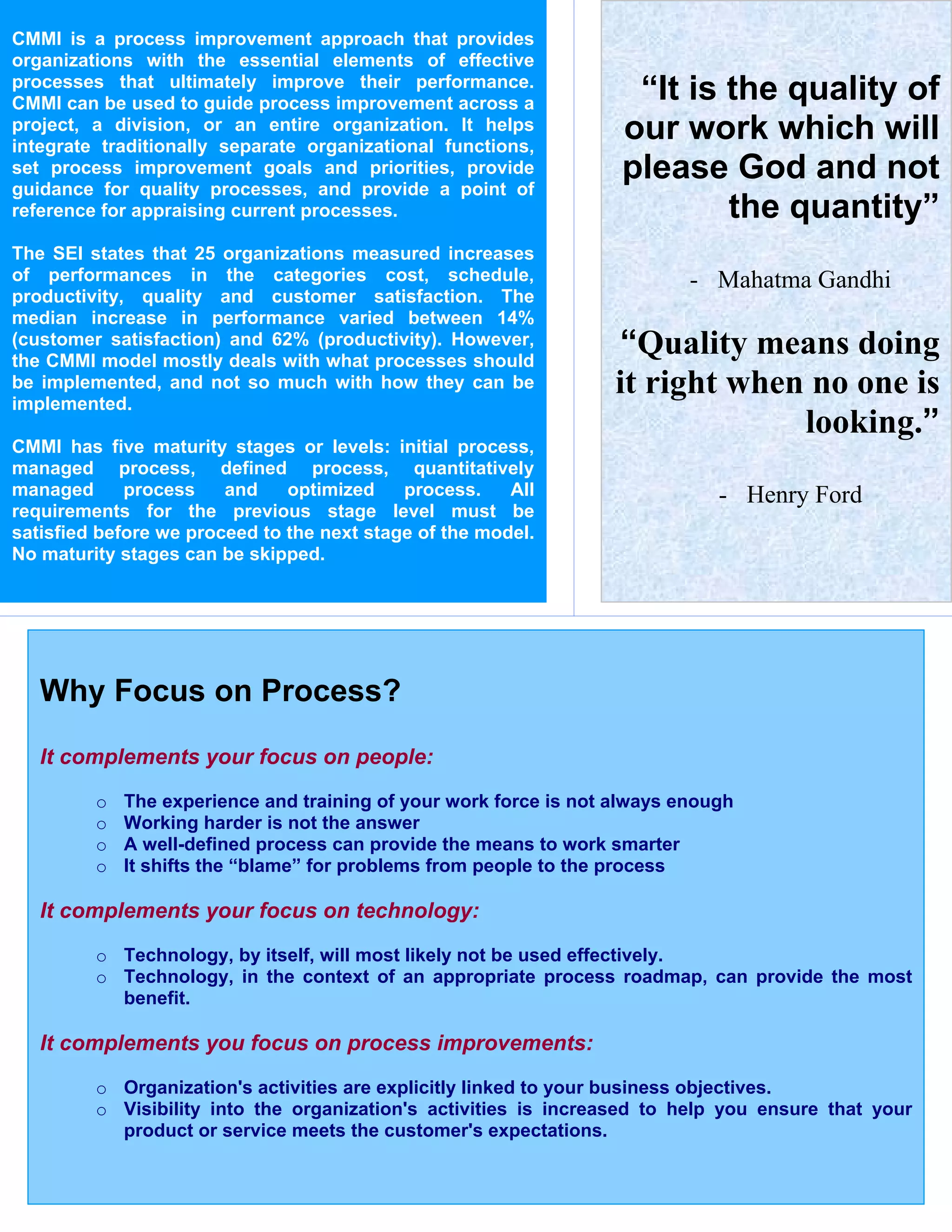 CMMI is a process improvement approach that provides
organizations with the essential elements of effective
processes that ultimately improve their performance.
CMMI can be used to guide process improvement across a
                                                                    “It is the quality of
project, a division, or an entire organization. It helps
integrate traditionally separate organizational functions,
                                                                   our work which will
set process improvement goals and priorities, provide
guidance for quality processes, and provide a point of
                                                                   please God and not
reference for appraising current processes.                                the quantity”
The SEI states that 25 organizations measured increases
of performances in the categories cost, schedule,                          - Mahatma Gandhi
productivity, quality and customer satisfaction. The
median increase in performance varied between 14%
(customer satisfaction) and 62% (productivity). However,
the CMMI model mostly deals with what processes should
                                                                   “Quality means doing
be implemented, and not so much with how they can be
implemented.
                                                                   it right when no one is
                                                                                looking.”
CMMI has five maturity stages or levels: initial process,
managed process, defined process, quantitatively
managed      process    and    optimized    process.    All                   - Henry Ford
requirements for the previous stage level must be
satisfied before we proceed to the next stage of the model.
No maturity stages can be skipped.




   Why Focus on Process?

   It complements your focus on people:
         o   The experience and training of your work force is not always enough
         o   Working harder is not the answer
         o   A well-defined process can provide the means to work smarter
         o   It shifts the “blame” for problems from people to the process

   It complements your focus on technology:
         o Technology, by itself, will most likely not be used effectively.
         o Technology, in the context of an appropriate process roadmap, can provide the most
           benefit.

   It complements you focus on process improvements:
         o Organization's activities are explicitly linked to your business objectives.
         o Visibility into the organization's activities is increased to help you ensure that your
           product or service meets the customer's expectations.
 