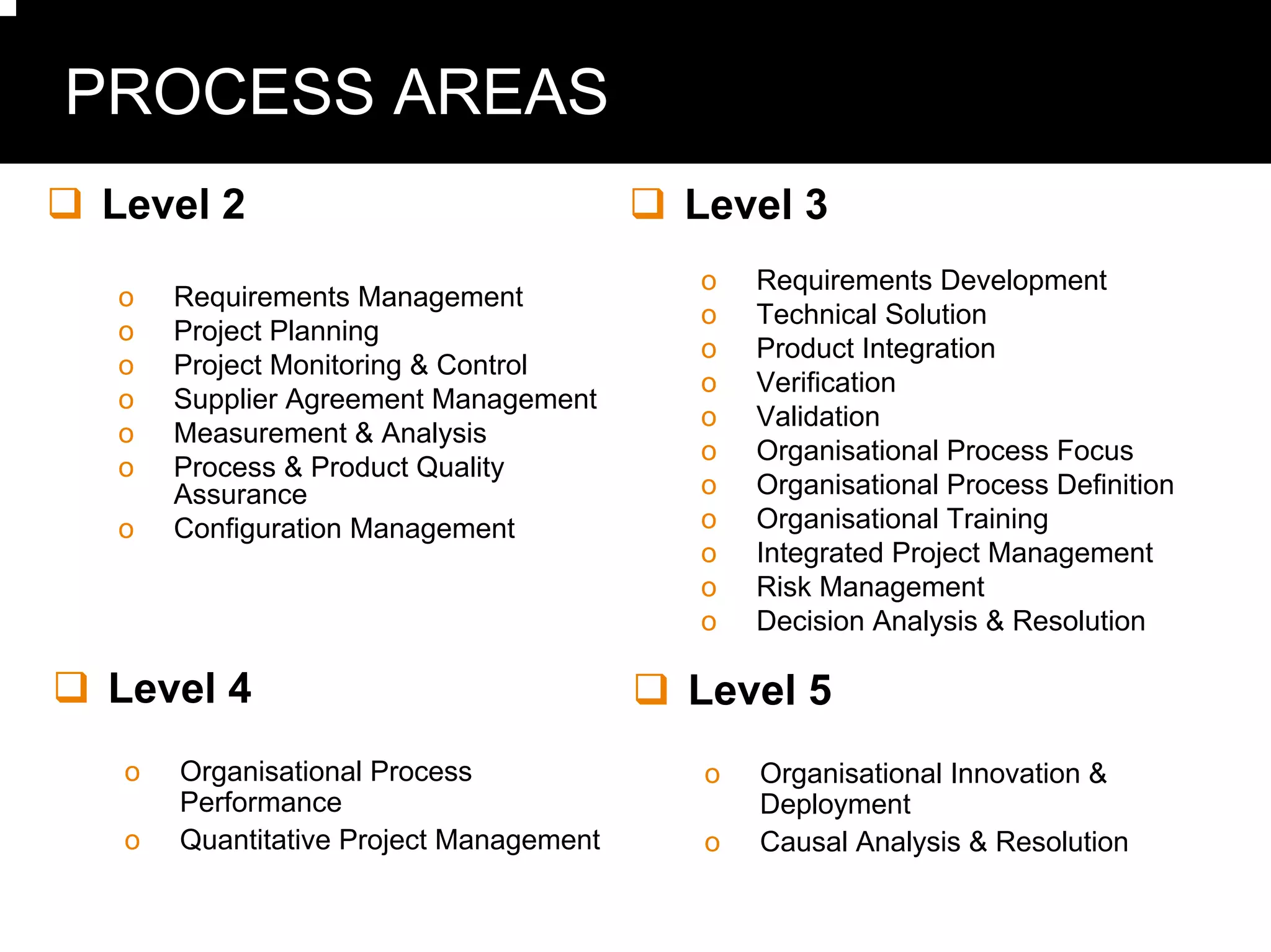 PROCESS AREAS
Level 2                                Level 3
                                       o   Requirements Development
 o   Requirements Management
                                       o   Technical Solution
 o   Project Planning
                                       o   Product Integration
 o   Project Monitoring & Control
                                       o   Verification
 o   Supplier Agreement Management
                                       o   Validation
 o   Measurement & Analysis
                                       o   Organisational Process Focus
 o   Process & Product Quality
     Assurance                         o   Organisational Process Definition
 o   Configuration Management          o   Organisational Training
                                       o   Integrated Project Management
                                       o   Risk Management
                                       o   Decision Analysis & Resolution

 Level 4                               Level 5
 o   Organisational Process            o   Organisational Innovation &
     Performance                           Deployment
 o   Quantitative Project Management   o   Causal Analysis & Resolution
 