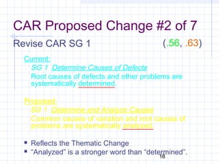 18
CAR Proposed Change #2 of 7
Revise CAR SG 1
Current:
SG 1 Determine Causes of Defects
Root causes of defects and other problems are
systematically determined.
Proposed:
SG 1 Determine and Analyze Causes
Common causes of variation and root causes of
problems are systematically analyzed.
 Reflects the Thematic Change
 “Analyzed” is a stronger word than “determined”.
(.56, .63)
 