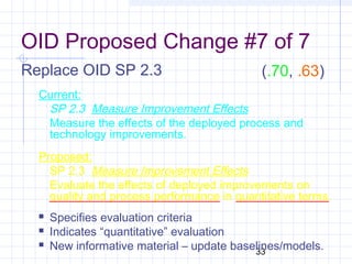 33
OID Proposed Change #7 of 7
Replace OID SP 2.3
Current:
SP 2.3 Measure Improvement Effects
Measure the effects of the deployed process and
technology improvements.
Proposed:
SP 2.3 Measure Improvement Effects
Evaluate the effects of deployed improvements on
quality and process performance in quantitative terms.
 Specifies evaluation criteria
 Indicates “quantitative” evaluation
 New informative material – update baselines/models.
(.70, .63)
 