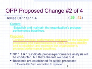 8
OPP Proposed Change #2 of 4
Revise OPP SP 1.4
Current:
Establish and maintain the organization’s process-
performance baselines.
Proposed:
Conduct process-performance analyses on the selected
processes and subprocesses to verify process stability
and to establish and maintain the organization’s
process-performance baselines.
 SP 1.1 & 1.2 indicate process-performance analysis will
be conducted, but that’s the last we hear of it
 Baselines are established for stable processes
 Elevate this from informative to expected.
(.39, .42)
 