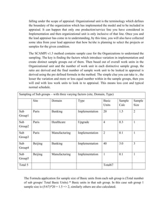 falling under the scope of appraisal. Organizational unit is the terminology which defines
the boundary of the organization which has implemented the model and to be included in
appraisal. It can happen that only one production/service line you have considered in
Implementation and then organizational unit is only inclusive of that line. Once you and
the lead appraiser has come in to understanding, by this time, you will also have collected
some idea from your lead appraiser that how he/she is planning to select the projects or
samples for the given condition.
The SCAMPI v1.3 method contains sample case for the Organizations to understand the
sampling. The key is finding the factors which introduce variation in implementation and
create distinct sample groups out of them. Then based out of overall work units in the
Organizational unit and the number of work unit in each distinctive sample group, the
ratio are derived and the final number of sample work unit to be looked in appraisal is
derived using the pre defined formula in the method. The simple clue you can take is , the
lesser the variation and more or less equal number within in the sample groups, then you
will end with less work units to look in to appraisal. This means less cost and typical
normal schedule.
Sampling of Sub groups – with three varying factors (site, Domain, Type)
Site Domain Type Basic
Units
Sample
Calc
Sample
Size
Sub
Group1
Paris Banking Implementation 20 1.5 2
Sub
Group2
Paris Healthcare Upgrade 4 0.3 1
Sub
Group3
Paris Manufacturing Implementation 2 0.1 1
Sub
Group4
Beijing Banking Implementation 40 3.0 3
Sub
Group5
Beijing Manufacturing Implementation 1 0.1 1
Total 5 Total67
The Formula application for sample size of Basic units from each sub group is (Total number
of sub groups/ Total Basic Units) * Basic units in that sub group. In this case sub group 1
sample size is (5/67)*20 = 1.5 => 2, similarly others are also calculated.
 