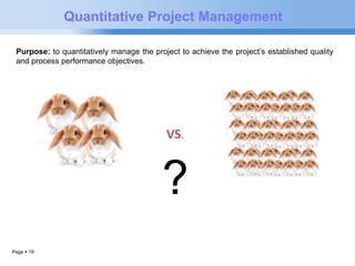 Page  19 
Quantitative Project Management 
Purpose: to quantitatively manage the project to achieve the project’s established quality 
and process performance objectives. 
? 
 
