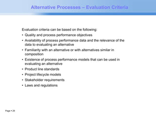 Page  29 
Alternative Processes – Evaluation Criteria 
Evaluation criteria can be based on the following: 
• Quality and process performance objectives 
• Availability of process performance data and the relevance of the 
data to evaluating an alternative 
• Familiarity with an alternative or with alternatives similar in 
composition 
• Existence of process performance models that can be used in 
evaluating an alternative 
• Product line standards 
• Project lifecycle models 
• Stakeholder requirements 
• Laws and regulations 
 