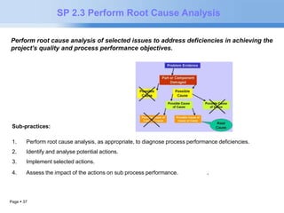 Page  37 
SP 2.3 Perform Root Cause Analysis 
Perform root cause analysis of selected issues to address deficiencies in achieving the 
project’s quality and process performance objectives. 
Sub-practices: 
1. Perform root cause analysis, as appropriate, to diagnose process performance deficiencies. 
2. Identify and analyse potential actions. 
3. Implement selected actions. 
4. Assess the impact of the actions on sub process performance. controlled. . 
 