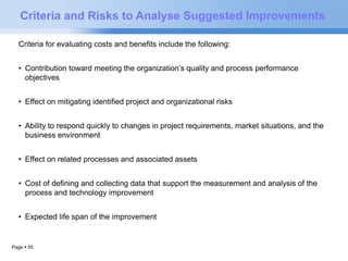 Criteria and Risks to Analyse Suggested Improvements 
Criteria for evaluating costs and benefits include the following: 
• Contribution toward meeting the organization’s quality and process performance 
objectives 
• Effect on mitigating identified project and organizational risks 
• Ability to respond quickly to changes in project requirements, market situations, and the 
business environment 
• Effect on related processes and associated assets 
• Cost of defining and collecting data that support the measurement and analysis of the 
process and technology improvement 
• Expected life span of the improvement 
Page  55 
 