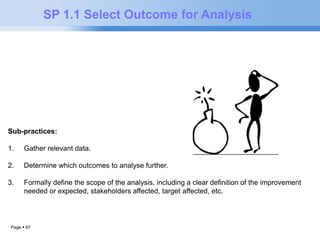 Page  67 
SP 1.1 Select Outcome for Analysis 
Sub-practices: 
1. Gather relevant data. 
2. Determine which outcomes to analyse further. 
3. Formally define the scope of the analysis, including a clear definition of the improvement 
needed or expected, stakeholders affected, target affected, etc. 
 