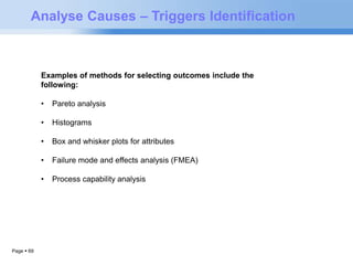 Analyse Causes – Triggers Identification 
Page  69 
Examples of methods for selecting outcomes include the 
following: 
• Pareto analysis 
• Histograms 
• Box and whisker plots for attributes 
• Failure mode and effects analysis (FMEA) 
• Process capability analysis 
 