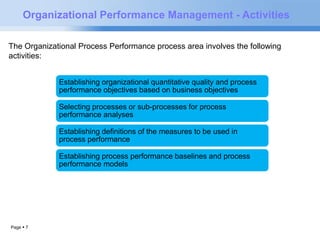Organizational Performance Management - Activities 
The Organizational Process Performance process area involves the following 
activities: 
Page  7 
Establishing organizational quantitative quality and process 
performance objectives based on business objectives 
Selecting processes or sub-processes for process 
performance analyses 
Establishing definitions of the measures to be used in 
process performance 
Establishing process performance baselines and process 
performance models 
 