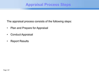 Page  87 
Appraisal Process Steps 
The appraisal process consists of the following steps: 
• Plan and Prepare for Appraisal 
• Conduct Appraisal 
• Report Results 
 