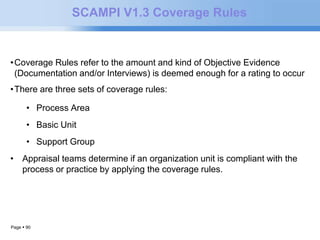 Page  90 
SCAMPI V1.3 Coverage Rules 
•Coverage Rules refer to the amount and kind of Objective Evidence 
(Documentation and/or Interviews) is deemed enough for a rating to occur 
•There are three sets of coverage rules: 
• Process Area 
• Basic Unit 
• Support Group 
• Appraisal teams determine if an organization unit is compliant with the 
process or practice by applying the coverage rules. 
 
