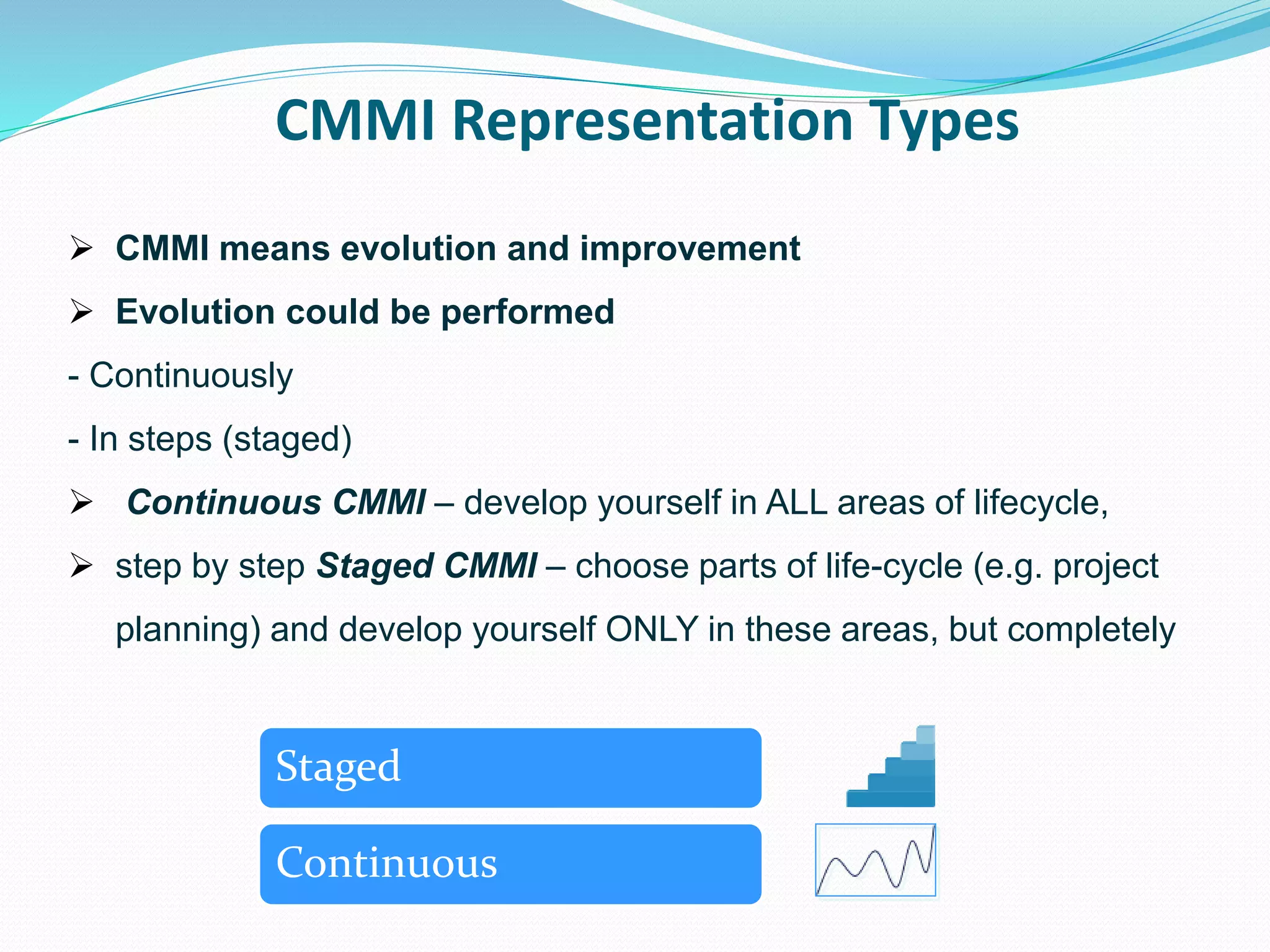 CMMI Representation Types
 CMMI means evolution and improvement
 Evolution could be performed
- Continuously
- In steps (staged)
 Continuous CMMI – develop yourself in ALL areas of lifecycle,
 step by step Staged CMMI – choose parts of life-cycle (e.g. project
planning) and develop yourself ONLY in these areas, but completely
Staged
Continuous
 
