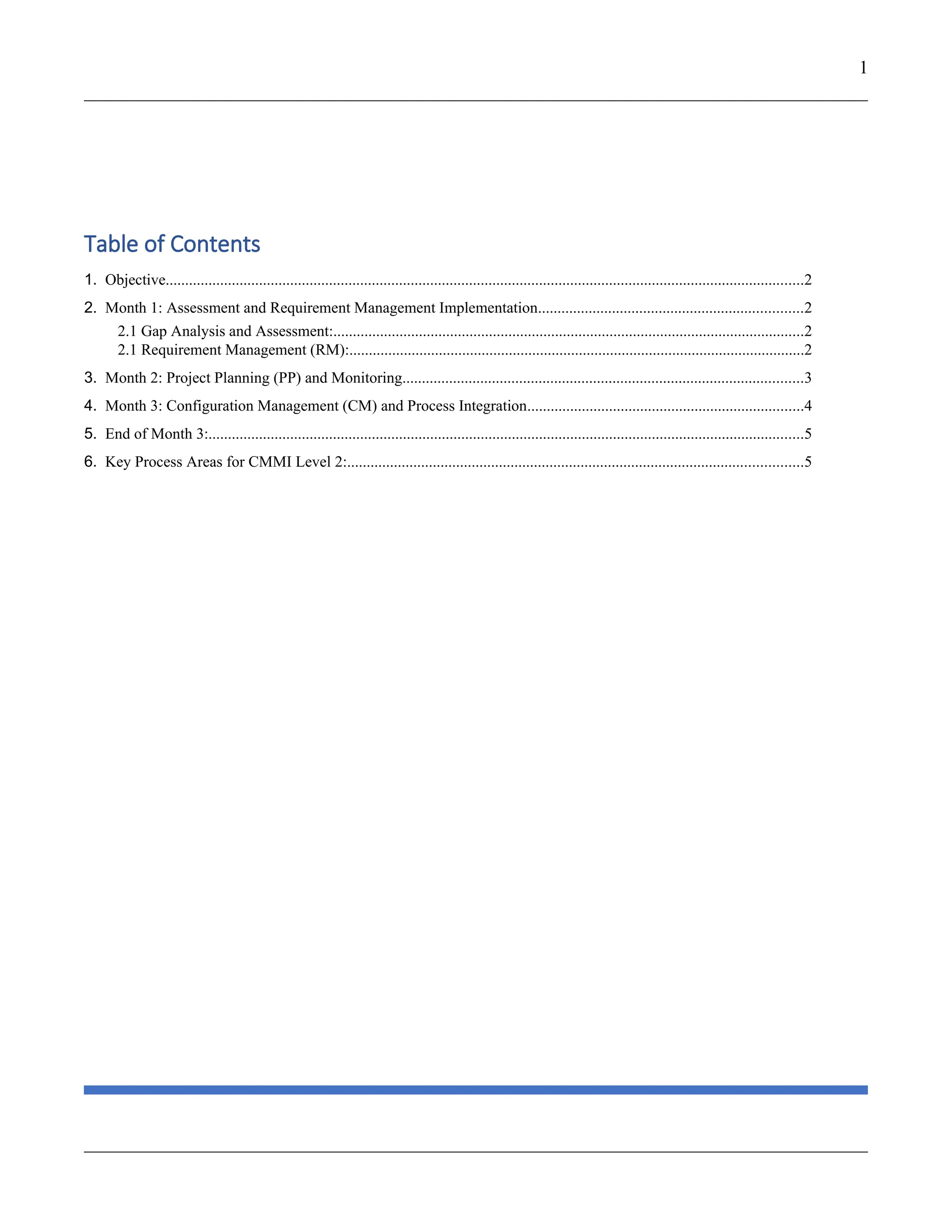 1
Table of Contents
1. Objective....................................................................................................................................................................2
2. Month 1: Assessment and Requirement Management Implementation....................................................................2
2.1 Gap Analysis and Assessment:.........................................................................................................................2
2.1 Requirement Management (RM):.....................................................................................................................2
3. Month 2: Project Planning (PP) and Monitoring.......................................................................................................3
4. Month 3: Configuration Management (CM) and Process Integration.......................................................................4
5. End of Month 3:.........................................................................................................................................................5
6. Key Process Areas for CMMI Level 2:.....................................................................................................................5
 