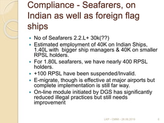 Compliance - Seafarers, on
Indian as well as foreign flag
ships
 No of Seafarers 2.2.L+ 30k(??)
 Estimated employment of 40K on Indian Ships,
1.40L with bigger ship managers & 40K on smaller
RPSL holders.
 For 1.80L seafarers, we have nearly 400 RPSL
holders.
 +100 RPSL have been suspended/Invalid.
 E-migrate, though is effective at major airports but
complete implementation is still far way.
 On-line module initiated by DGS has significantly
reduced illegal practices but still needs
improvement
6LKP - CMMI - 28.06.2019
 