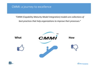 CMMI: a journey to excellence
“CMMI (Capability Maturity Model Integration) models are collections of
best practices that help organizations to improve their processes.”
What How
 