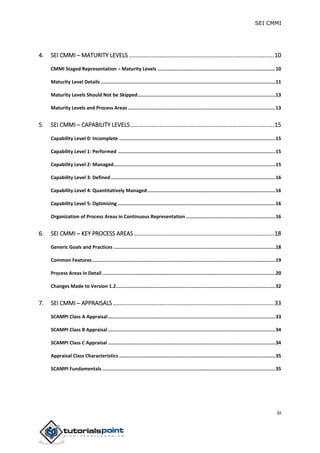SEI CMMI
iii
4. SEI CMMI ─ MATURITY LEVELS ..........................................................................................10
CMMI Staged Representation – Maturity Levels ...................................................................................10
Maturity Level Details ...........................................................................................................................11
Maturity Levels Should Not be Skipped.................................................................................................13
Maturity Levels and Process Areas........................................................................................................13
5. SEI CMMI ─ CAPABILITY LEVELS.........................................................................................15
Capability Level 0: Incomplete ..............................................................................................................15
Capability Level 1: Performed ...............................................................................................................15
Capability Level 2: Managed..................................................................................................................15
Capability Level 3: Defined....................................................................................................................16
Capability Level 4: Quantitatively Managed..........................................................................................16
Capability Level 5: Optimizing ...............................................................................................................16
Organization of Process Areas in Continuous Representation ...............................................................16
6. SEI CMMI ─ KEY PROCESS AREAS.......................................................................................18
Generic Goals and Practices ..................................................................................................................18
Common Features.................................................................................................................................19
Process Areas in Detail..........................................................................................................................20
Changes Made to Version 1.2................................................................................................................32
7. SEI CMMI ─ APPRAISALS....................................................................................................33
SCAMPI Class A Appraisal......................................................................................................................33
SCAMPI Class B Appraisal......................................................................................................................34
SCAMPI Class C Appraisal ......................................................................................................................34
Appraisal Class Characteristics ..............................................................................................................35
SCAMPI Fundamentals ..........................................................................................................................35
 