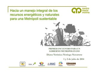 Hacia un manejo integral de los
recursos energéticos y naturales
para una Metrópoli sustentable
Diana Verónica Noriega Navarrete
1 y 2 de julio de 2014
PRIMER ENCUENTRO PARA UN
GOBIERNO METROPOLITANO
 