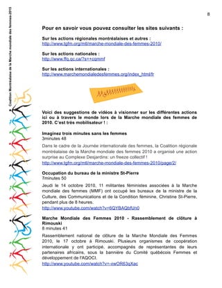 Coalition Montréalaise de la Marche mondiale des femmes-2015

8

Pour en savoir vous pouvez consulter les sites suivants :
Sur les actions régionales montréalaises et autres :
http://www.tgfm.org/mtl/marche-mondiale-des-femmes-2010/
Sur les actions nationales :
http://www.ffq.qc.ca/?s=+cqmmf
Sur les actions internationales :
http://www.marchemondialedesfemmes.org/index_html/fr

Voici des suggestions de vidéos à visionner sur les différentes actions
ici ou à travers le monde lors de la Marche mondiale des femmes de
2010. C’est très mobilisateur ! :
Imaginez trois minutes sans les femmes
3minutes 48
Dans le cadre de la Journée internationale des femmes, la Coalition régionale
montréalaise de la Marche mondiale des femmes 2010 a organisé une action
surprise au Complexe Desjardins: un freeze collectif !
http://www.tgfm.org/mtl/marche-mondiale-des-femmes-2010/page/2/
Occupation du bureau de la ministre St-Pierre
7minutes 50
Jeudi le 14 octobre 2010, 11 militantes féministes associées à la Marche
mondiale des femmes (MMF) ont occupé les bureaux de la ministre de la
Culture, des Communications et de la Condition féminine, Christine St-Pierre,
pendant plus de 8 heures.
http://www.youtube.com/watch?v=6QYBAQbfUn0
Marche Mondiale des Femmes 2010 - Rassemblement de clôture à
Rimouski
8 minutes 41
Rassemblement national de clôture de la Marche Mondiale des Femmes
2010, le 17 octobre à Rimouski. Plusieurs organismes de coopération
internationale y ont participé, accompagnés de représentantes de leurs
partenaires africains, sous la bannière du Comité québécois Femmes et
développement de l'AQOCI.
http://www.youtube.com/watch?v=-vwOR63qXac

 