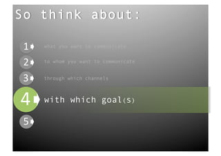 So think about:

 !"   what you want to communicate


 !"   to whom you want to communicate


 !"   through which channels




!"    with which goal(s)

 !"
 