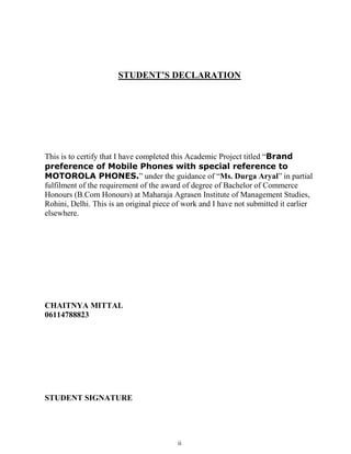 Preference Declaration Comprehensive Study on Brand Preference of Mobile Phones with Focus on ...