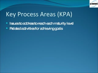 Key Process Areas (KPA) Issues to address to reach each maturity level Related activities for achieving goals 
