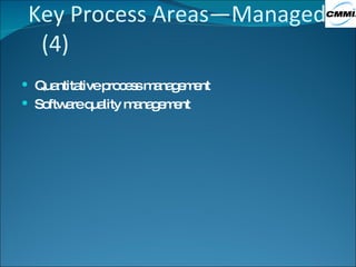 Key Process Areas—Managed (4) Quantitative process management Software quality management 