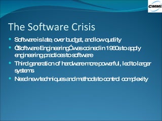 The Software Crisis Software is late, over budget, and low quality “ Software Engineering” was coined in 1960s to apply engineering practices to software Third generation of hardware more powerful, led to larger systems Need new techniques and methods to control complexity 