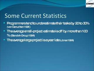 Some Current Statistics Programmers tend to underestimate their tasks by 20 to 30%  (van Genuchten 1991) The average small-project estimate is off by more than 100 %  (Standish Group 1994) The average large project is a year late  (Jones 1994) 
