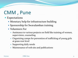 CMM , Pune
  Expectations
     Monetary help for infrastructure building
     Sponsorship for Swavalamban training
    ...