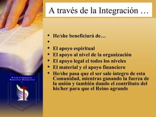 A través de la Integración  … He/she beneficiará de…  El apoyo espiritual  El apoyo al nivel de la organización  El apoyo legal el todos los niveles  El material y el apoyo financiero  He/she pasa que el ser sale íntegro de esta Comunidad, mientras ganando la fuerza de la unión y también dando el contributo del his/her para que el Reino agrande   W o r l d  C o m m u n i t y  M i n i s t r i e s  R o c h a  L i v e s 