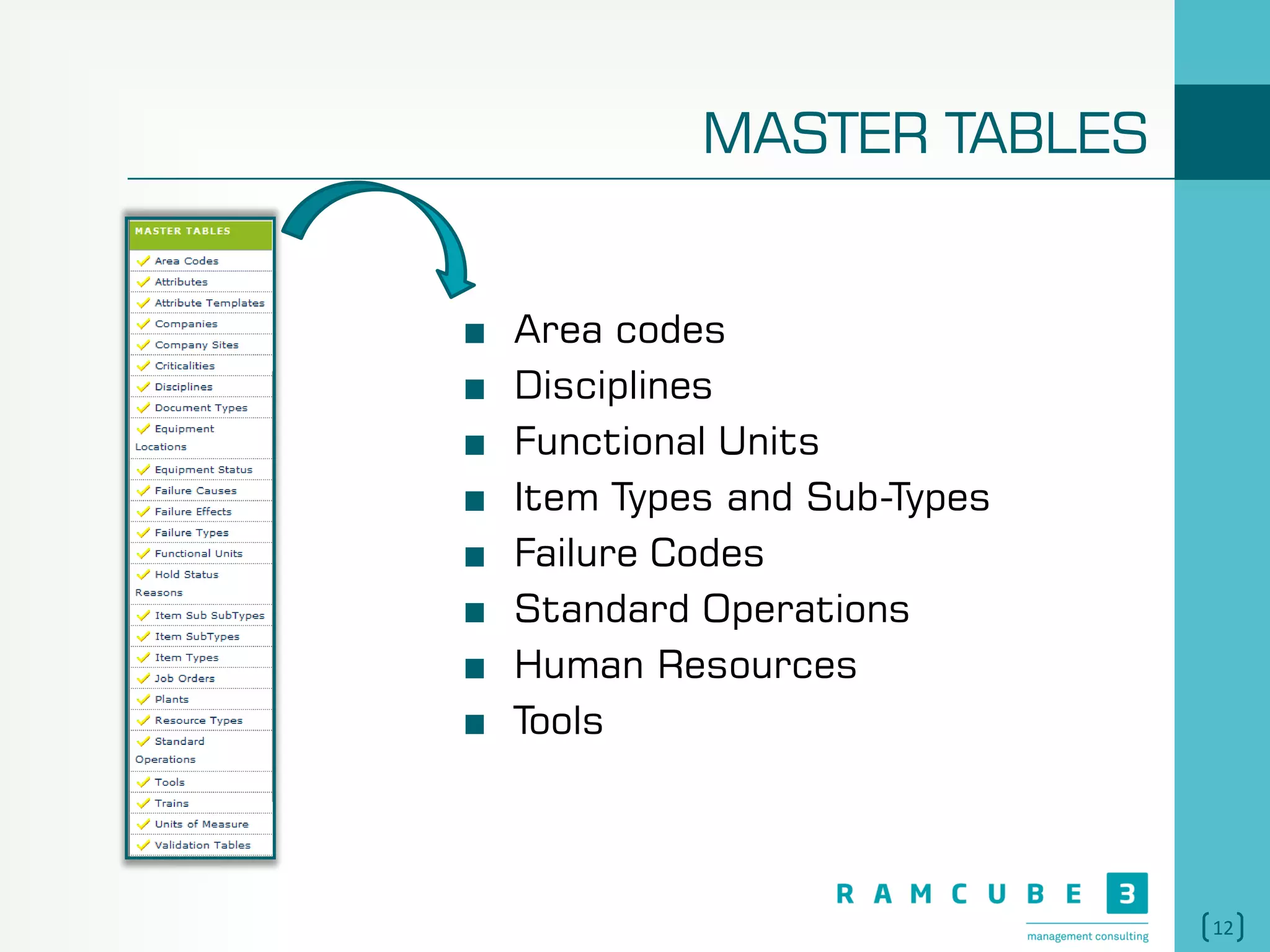 12
MASTER TABLES
Area codes
Disciplines
Functional Units
Item Types and Sub-Types
Failure Codes
Standard Operations
Human Resources
Tools
 