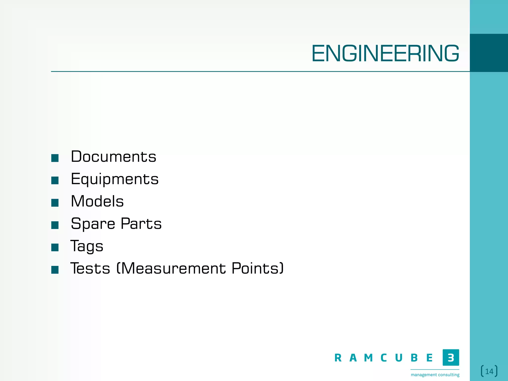 14
ENGINEERING
Documents
Equipments
Models
Spare Parts
Tags
Tests (Measurement Points)
 