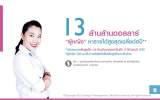 13 ล้ำนล้ำนดอลลำร์
 “ผู้หญิง” หำรำยได้สูงสุดเฉลี่ยต่อปี**
 **ตัวเลขอาจเพิมสูงถึง 18 ล้านล้านดอลลาร์ในอีก 5 ปีข้างหน้า ทาให้
               ่
 “ผู้หญิง” มีอานาจในการตัดสินใจซื้อเพิมสูงขึนตามไปด้วย
                                      ่     ้
        ที่มำ : ศูนย์ข้อมูลผู้หญิงกับกำรทำธุรกิจ (WOMEN IN BUSINESS),
        โดยสแตนดำร์ด ชำร์เตอร์




                                                                                  10
©Copyright 2013 College of Management, Mahidol University. All rights reserved.
 