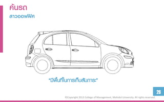 ค้นรถ
สำวออฟฟิศ




            “มีพื้นที่ในการเก็บสัมภาระ”
                                                                                                      26
                    ©Copyright 2013 College of Management, Mahidol University. All rights reserved.
 