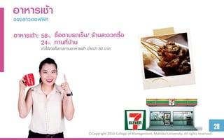 อำหำรเช้ำ
ของสำวออฟฟิศ

อำหำรเช้ำ: 58% ซื้อตำมรถเข็น/ ร้ำนสะดวกซื้อ
           24% ทำนที่บ้ำน
          ค่ำใช้จ่ำยในกำรทำนอำหำรเช้ำ ต่ำกว่ำ 50 บำท




                                                                                                                        28
                                      ©Copyright 2013 College of Management, Mahidol University. All rights reserved.
 