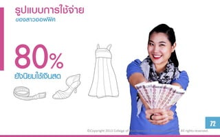 รูปแบบกำรใช้จ่ำย
ของสำวออฟฟิศ




80%
ยังนิยมใช้เงินสด



                                                                                                     72
                   ©Copyright 2013 College of Management, Mahidol University. All rights reserved.
 