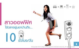 ✚          ✚         ✚




สำวออฟฟิศ
ใช้เวลาอยู่นอกบ้านถึง...


10 ชั่วโมง/วัน         ©Copyright 2013 College of Management, Mahidol University. All rights reserved.
                                                                                                         8
 