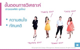ขั้นตอนกำรวิเครำะห์
สำวออฟฟิศ ยุคใหม่


• ควำมสนใจ
• ทัศนคติ


                                                                                                90
              ©Copyright 2013 College of Management, Mahidol University. All rights reserved.
 