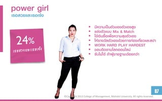 power girl
เธอสวยและเธอเจ๋ง
                                            มีควำมเป็นตัวของตัวเองสูง
                                            แต่งตัวแบบ Mix & Match
                                            ใช้เงินซื้อเพื่อควำมสุขตัวเอง
                                            ให้รำงวัลตัวเองด้วยกำรท่องเทียวและสปำ
                                                                             ่
                                            WORK HARD PLAY HARDEST
                                            ชอบติดตำมโลกออนไลน์
                                            รับไม่ได้ ถ้ำผู้ชำยฐำนะด้อยกว่ำ




                                                                                                     97
                   ©Copyright 2013 College of Management, Mahidol University. All rights reserved.
 