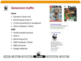 Fotografie wedstrijd Landelijke campagne aanbieden via Zoom.nlCampagnekeuze: ‘Happy End’Alle leden van de zoom.nl-community mochten deelnemen aan de wedstrijdAlle deelnemers konden max. 2 foto’s insturenDeelnemers werden automatisch lid van de WNF-groepDeelnemers gingen akkoord met actievoorwaarden (gebruik van foto’s door WNF)Gericht adverteren via diverse mediaGroeienStartActiverenOpzettenIntroEinde