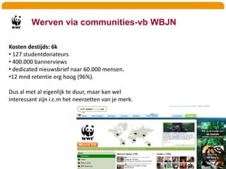 Vervolg Prijswinnaar bekend , workshop fotografie, reportageSocial Media kanalen free publicity , reportage in Zoom-magazineWNF en Zoom.nl uitingen publiceren (online én offline)Ontdubbelen gegevens databases Zoom.nl en WNFFollow-up mail naar deelnemersWNF bij Zoom-Experience (Jaarbeurs Utrecht, 20.000 fotografen)Onderzoek onder Zoomers: verrijking en behoeftepeilingWedstrijd cover + spread PandaCommunity maakt boek ism Frans Lanting? (tbd)Q3 2010Q4 2010Q1 2011Q2 2011OpzettenGroeienStartActiverenIntroEinde