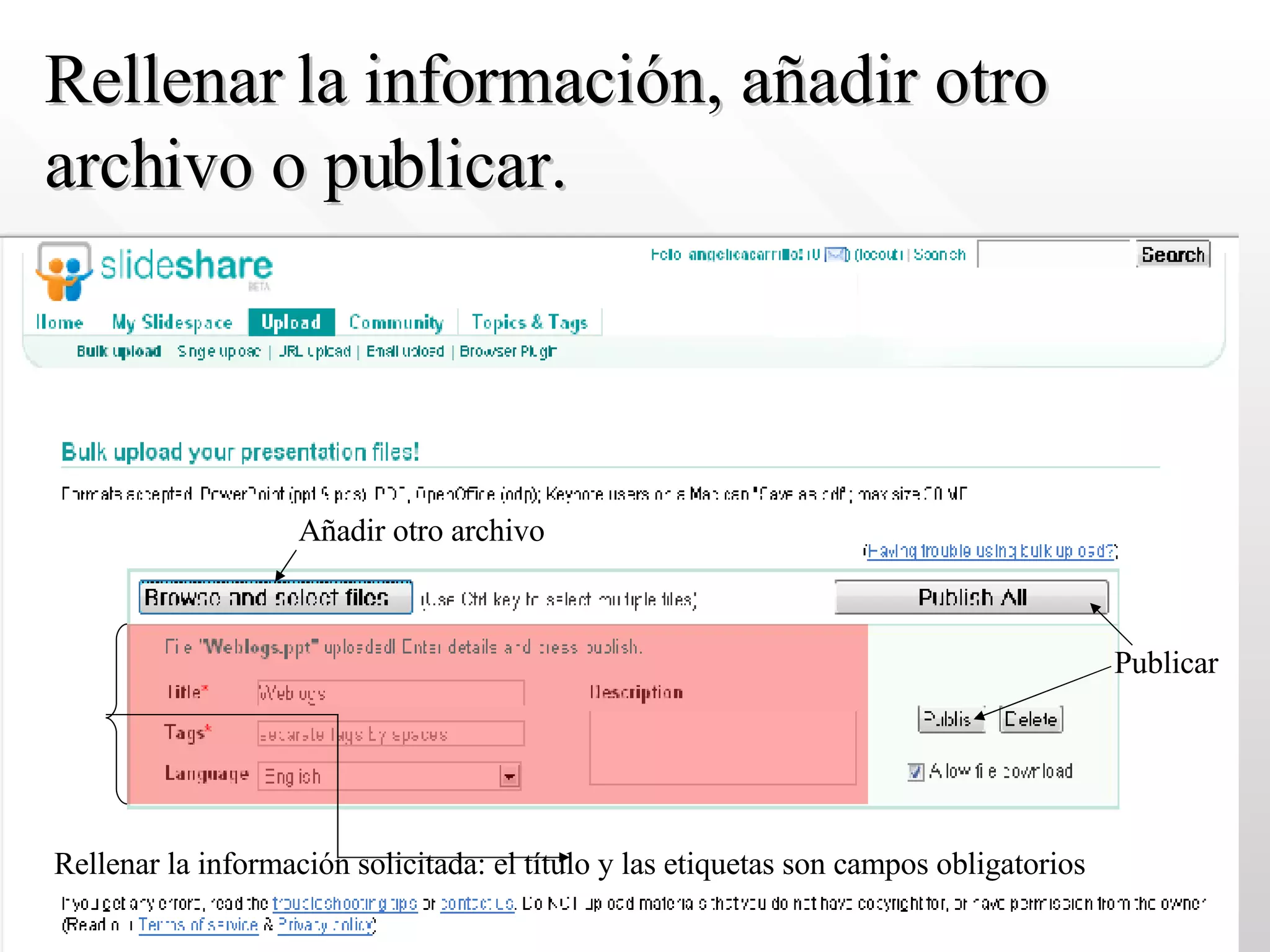 Rellenar la información, añadir otro archivo o publicar. Rellenar la información solicitada: el título y las etiquetas son campos obligatorios Añadir otro archivo Publicar 