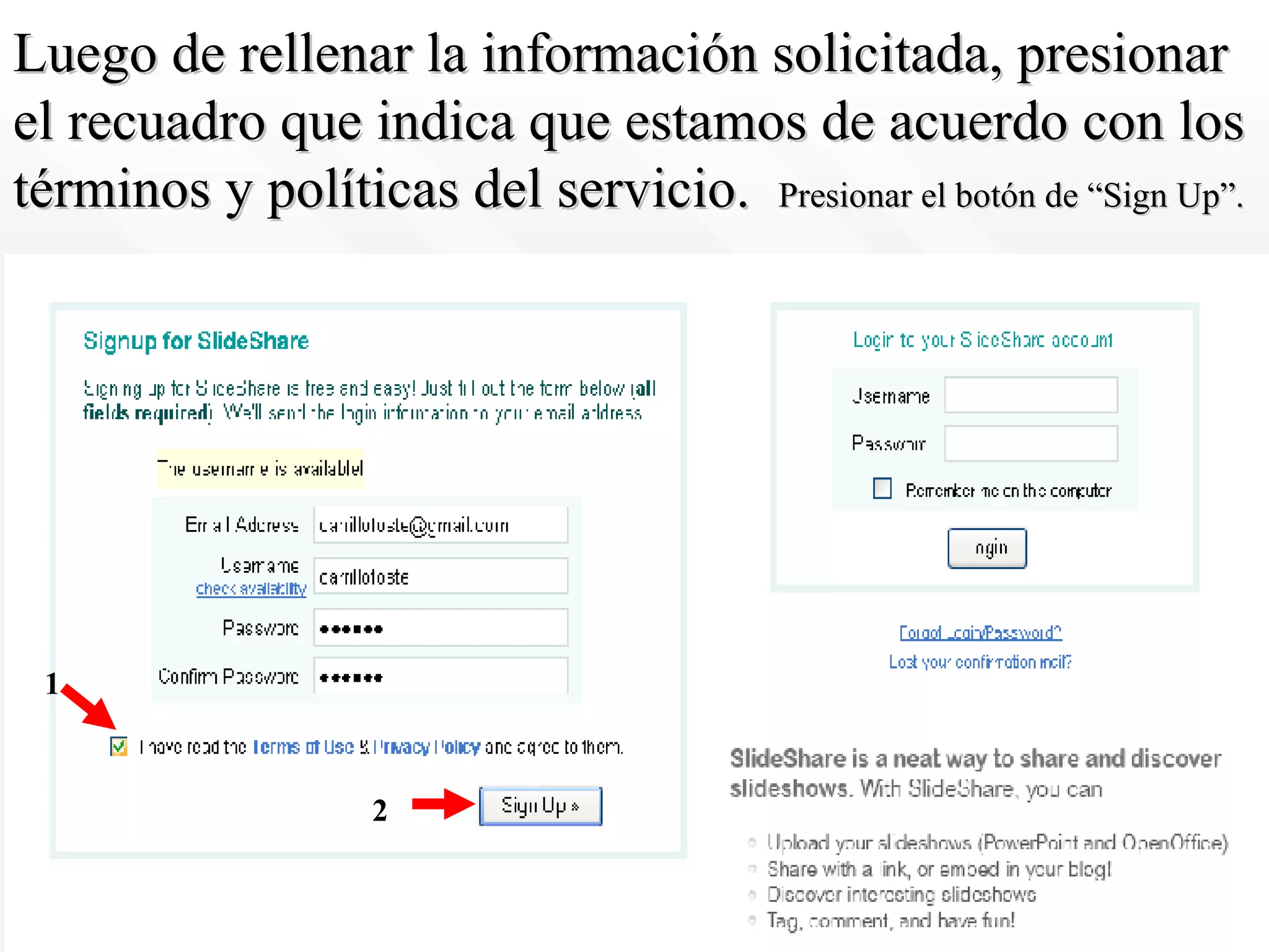 Luego de rellenar la información solicitada, presionar el recuadro que indica que estamos de acuerdo con los términos y políticas del servicio.  Presionar el botón de “Sign Up”. 1 2 