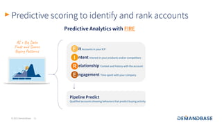 © 2021 Demandbase
Predictive scoring to identify and rank accounts
Pipeline Predict
Qualified accounts showing behaviors that predict buying activity
AI + Big Data
Finds and Scores
Buying Patterns
Predictive Analytics with FIRE
F it Accounts in your ICP
I ntent Interest in your products and/or competitors
R elationship Context and history with the account
E ngagement Time spent with your company
21
 