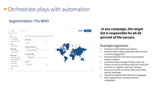 Segmentation: The WHO
Orchestrate plays with automation
In any campaign, the target
list is responsible for 40-60
percent of the success.
Example segments:
• Prospects in the healthcare industry
• Accounts with a high qualification (fit) score but
no recent engagement
• Accounts that had more than one employee
attend a webinar
• Customers who’ve bought Product A but not
Product B (and are showing intent for Product B)
• Accounts in a specific sales rep’s territory
• Hot accounts with no recent sales interactions
(emails, meetings)
• Closed lost opportunities that are re-engaging
• Open opportunities showing intent for
competitors
 