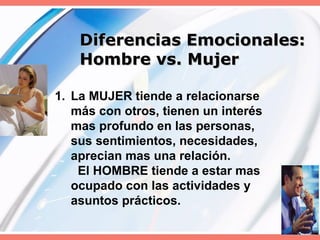 Diferencias Emocionales:  Hombre vs. Mujer La MUJER tiende a relacionarse más con otros, tienen un interés mas profundo en las personas, sus sentimientos, necesidades, aprecian mas una relación.  El HOMBRE tiende a estar mas ocupado con las actividades y asuntos prácticos.  